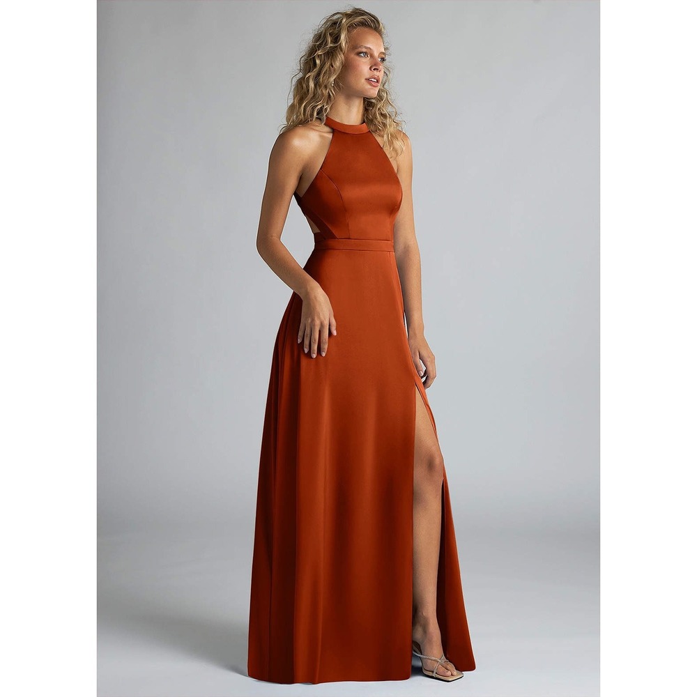 Azazie Halter Backless Satin Maxi Dress Sz 12 Formal Wedding Guest Prom Hoco